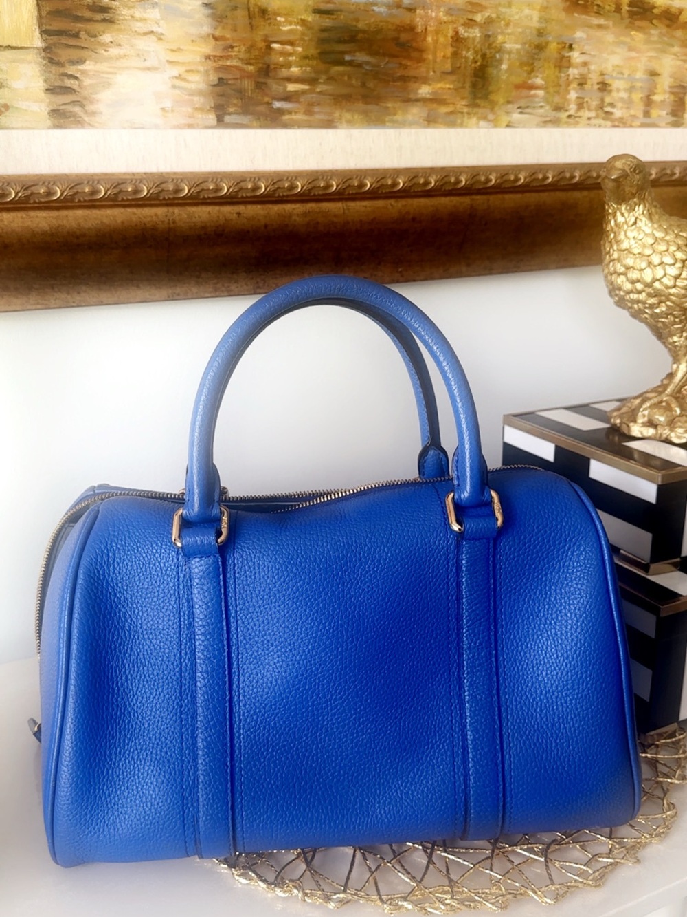 MCM Royal Blue Leather Bowling Bag with Gold Hardware - Picture 4 of 10